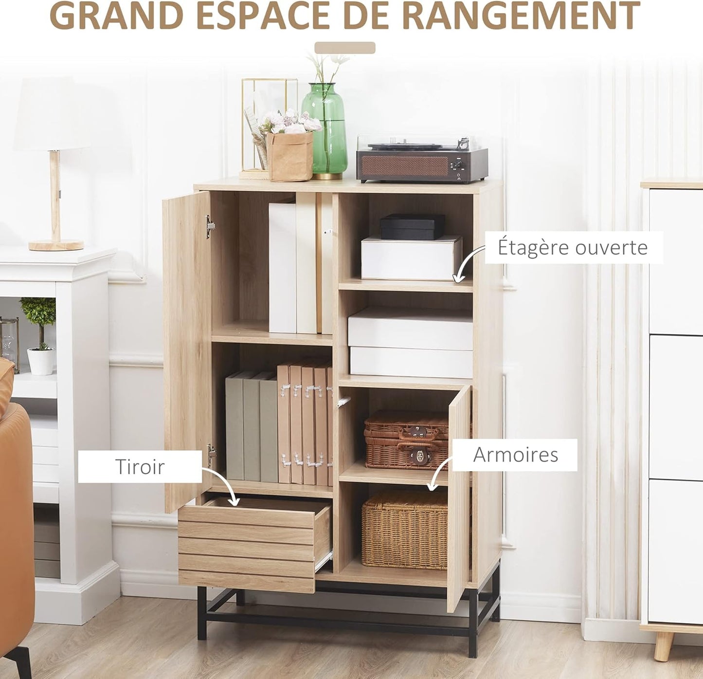 HOMCOM Sideboard Storage Unit with 2 Cupboards, 1 Drawer and 2 Niches, Wood Look – 75 x 40 x 120 cm – MDF and Metal