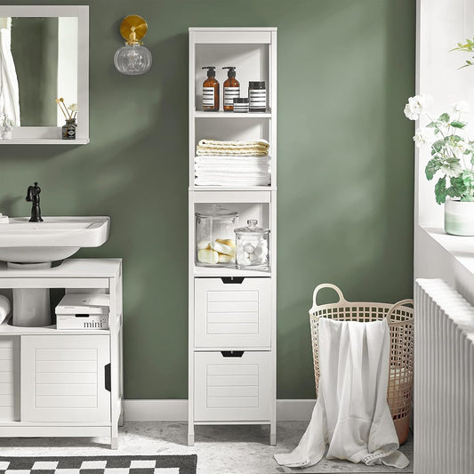 FurniFlex High Bathroom Cabinet with 3 Shelves and 2 Drawers, 30 cm x 30 cm x 144 cm Size