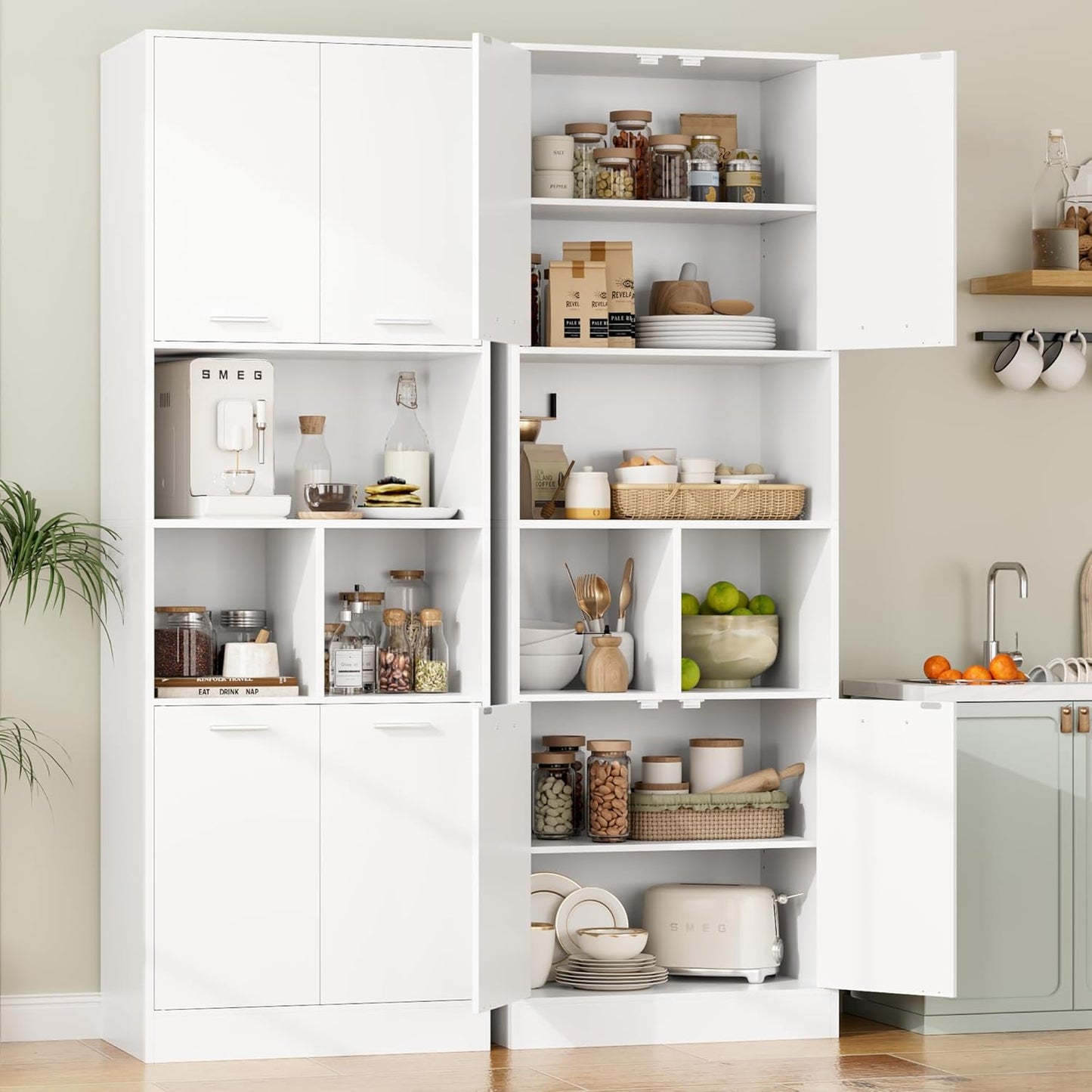 FirFurd 180.5cm Tall Bookcase White Bookshelf with 4 Doors Living Room Bookcases Free Standing Storage Cupboard for Home Office 180.5x60x40cm