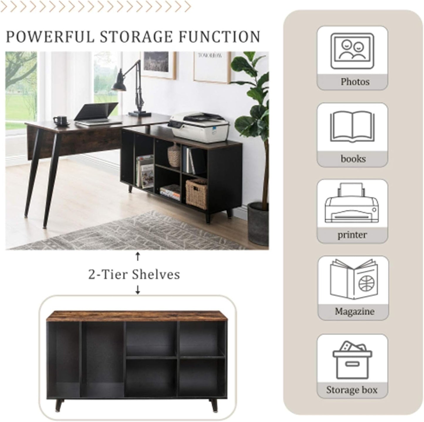 YT L Shaped Home Office Desk, Metal and Wood Rustic Corner Desk, Industrial Writing Workstation Table for Home Office Study, Computer Desk with Storage Shelves, Easy Assembly