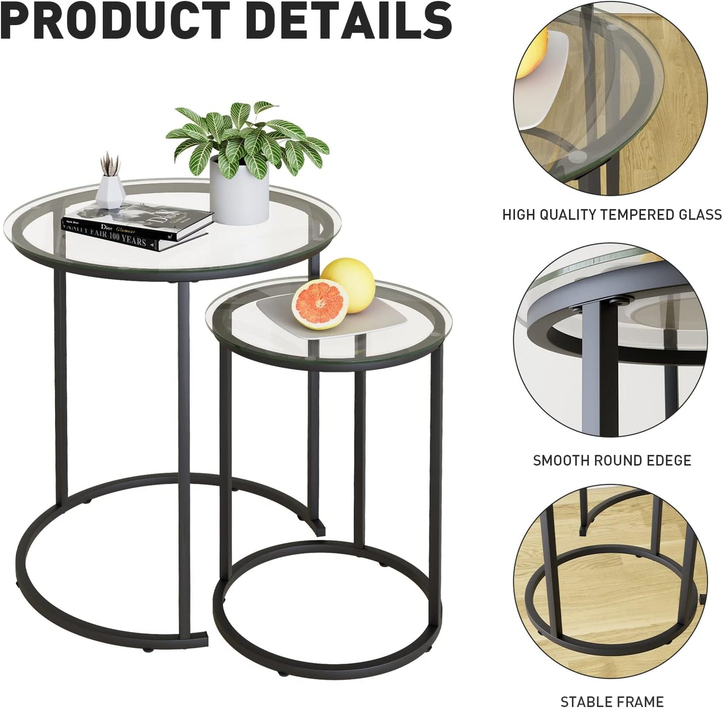 Azheruol Nesting Coffee Table Set of 2,Modern Black Tempered Glass Side Table, Metal Frame Round End Table.Small Glass Tea Table for Living Room,Bedroom Studio Apartment Essentials? 23.2In