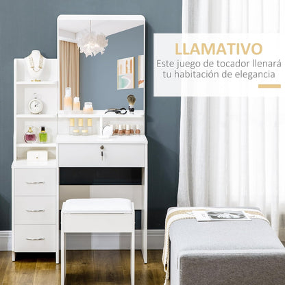 HOMCOM Makeup Vanity with Stool and Mirror Makeup Table with 4 Drawers 4 Storage Compartments Modern Style 80 x 38 x 143 cm White