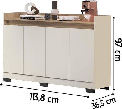 Quality Móveis Ryzen Model Retro Buffet Sideboard Rack, 4 Doors for Office, Coffee Corner, Off-White/Nature Color