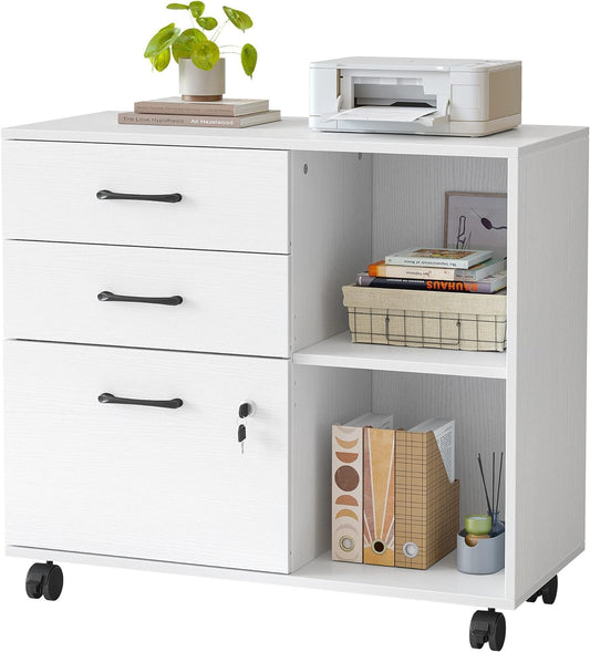 FurniFlex 3-Drawer Mobile File Cabinet with Lock, White