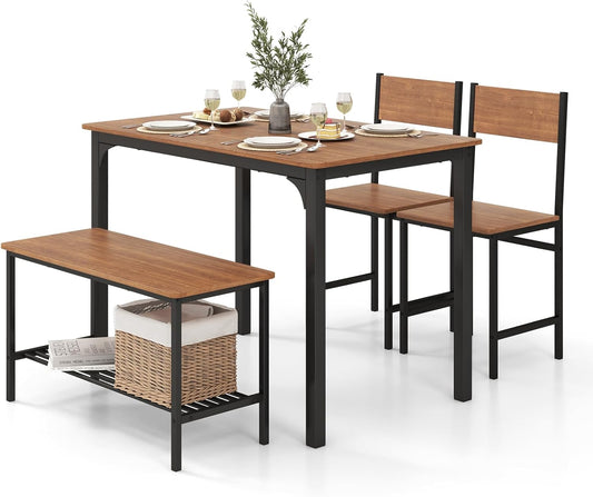 RELAX4LIFE Dining Table Set 4-Piece Dining Room Table with 2 Chairs & Bench, Seating Set with Storage Shelf, Bar Table with Metal Frame, Industrial Design, Dining Room Set for Kitchen, Dining Room