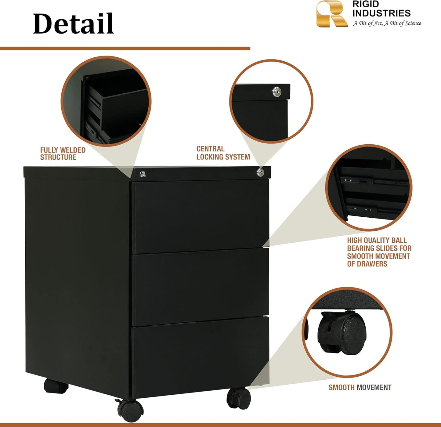 RIGID Steel Mobile Pedestal 3 Drawer Storage Unit Modern & Sleek Office Furniture Black