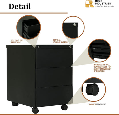 RIGID Steel Mobile Pedestal 3 Drawer Storage Unit Modern & Sleek Office Furniture Black