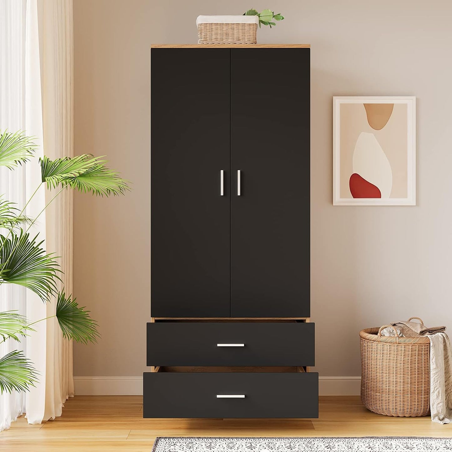 Panana 2 Door 2 Drawer Wardrobe with Hanging Rail Wooden Clothes Storage Cupboards Unit for Bedroom Furniture 76.8 * 50 * 180cm (Black with Oak)