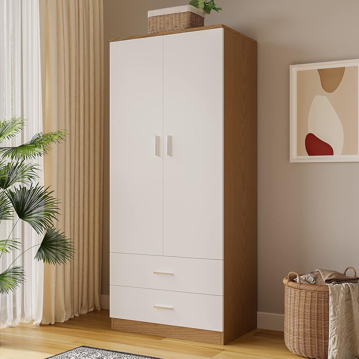 2 Door 2 Drawer Wardrobe with Hanging Rail Wooden Clothes Storage Cupboards Unit for Bedroom Furniture 76.8 * 50 * 180cm (White with Oak)