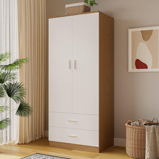 2 Door 2 Drawer Wardrobe with Hanging Rail Wooden Clothes Storage Cupboards Unit for Bedroom Furniture 76.8 * 50 * 180cm (White with Oak)