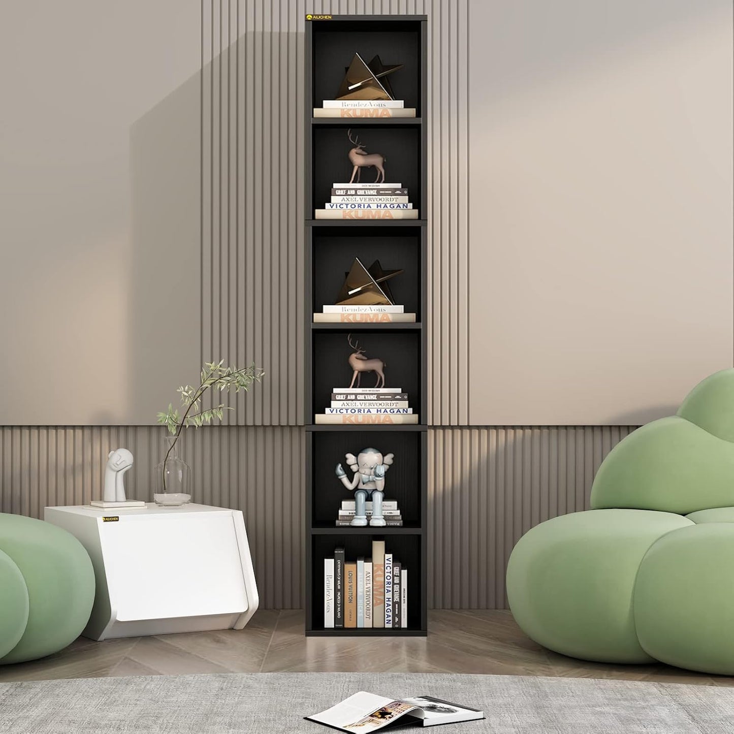 ALISENED 68.5" Tall Narrow Bookshelf, 6 Shelf Wooden Corner Bookcase, Modern Skinny Cubes Storage Organizer Display Shelving for Bedroom, Library, Living Room, Home, Office, Black