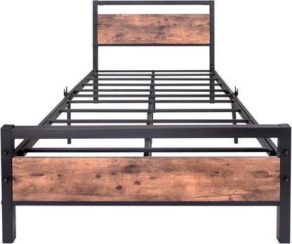 BOFENG 3ft Single Bed Frames Solid Bedstead Base with Wood Headboard,Heavy Duty Metal Platform Bed Frame No Box Spring Needed,Mattress Base/Metal Slat Support/Underbed Storage Space/Rustic Brown