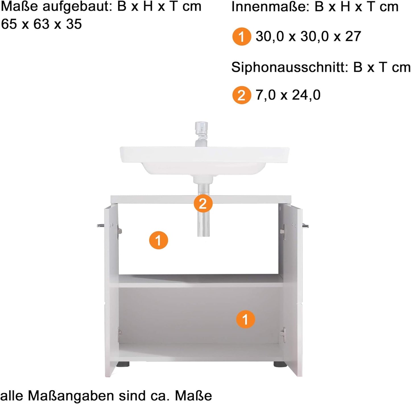 Trendteam Smart Living Nightlife Bathroom Sink Vanity Unit, 65 x 63 x 35 cm, High-Gloss White with Lots of Storage Space