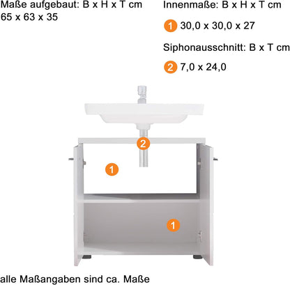 Trendteam Smart Living Nightlife Bathroom Sink Vanity Unit, 65 x 63 x 35 cm, High-Gloss White with Lots of Storage Space