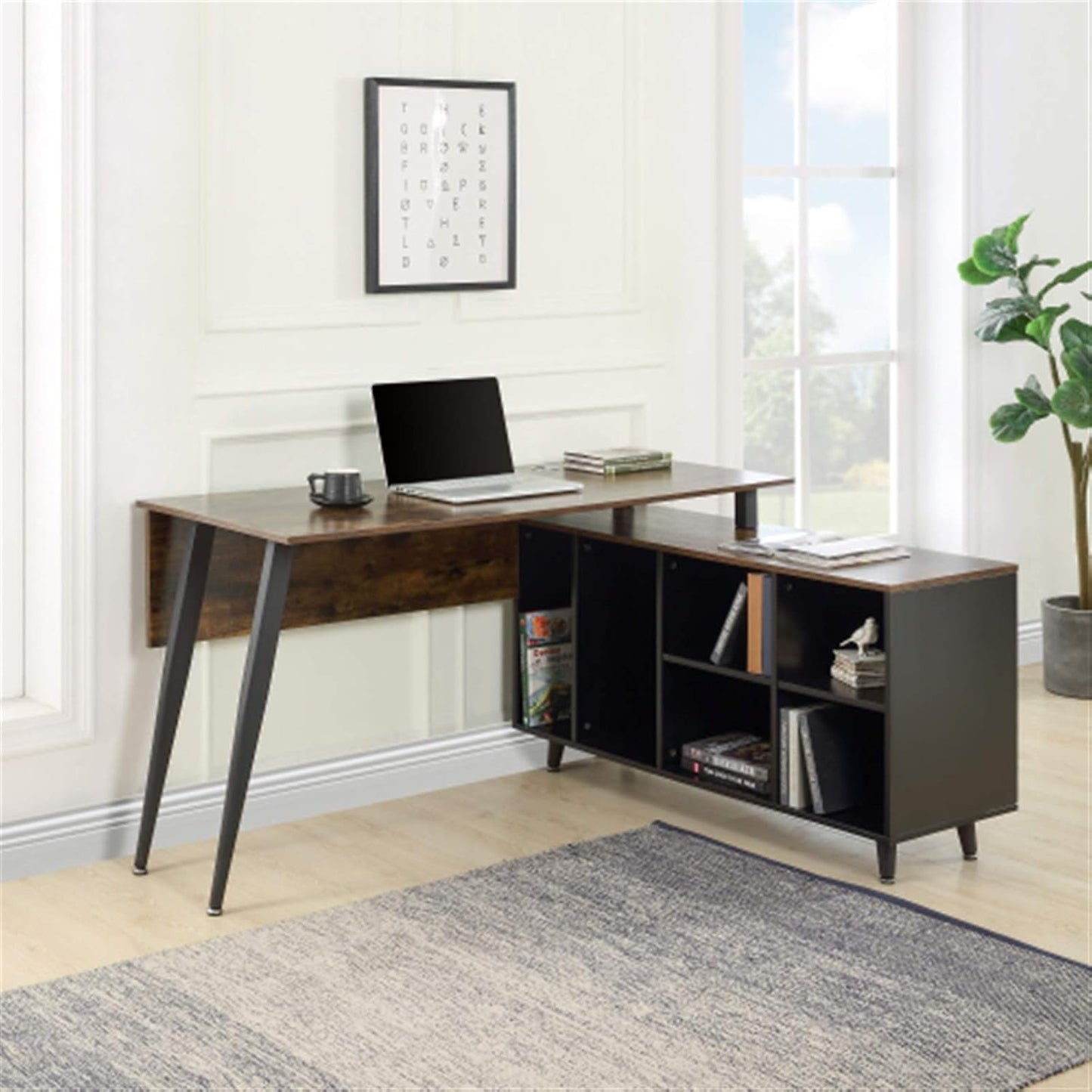 YT L Shaped Home Office Desk, Metal and Wood Rustic Corner Desk, Industrial Writing Workstation Table for Home Office Study, Computer Desk with Storage Shelves, Easy Assembly