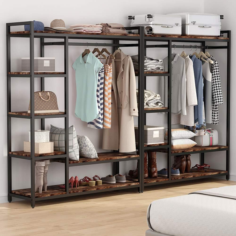 LITTLE TREE Free Standing Wood Closet Clothes Rack, Heavy Duty Garment Rack With Shelves, Hanging Racks for Clothing, Bedroom Wardrobe Closet Organizer, 350 lb Capacity, Rustic