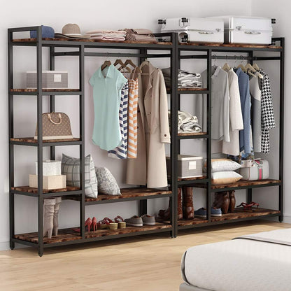 LITTLE TREE Free Standing Wood Closet Clothes Rack, Heavy Duty Garment Rack With Shelves, Hanging Racks for Clothing, Bedroom Wardrobe Closet Organizer, 350 lb Capacity, Rustic