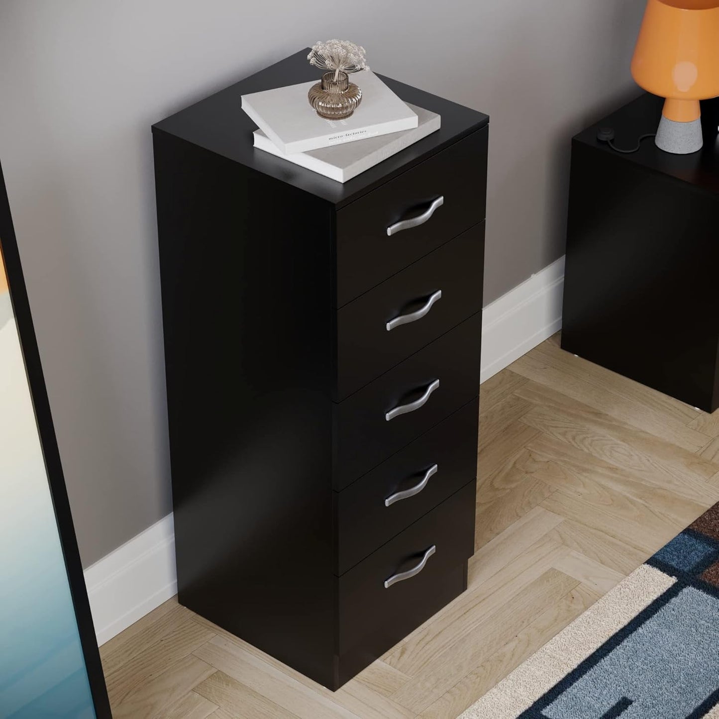 Vida Designs 5 Drawer Narrow Chest Tall Bedroom Storage Unit Sliding Drawers Bedroom Furniture (Black)