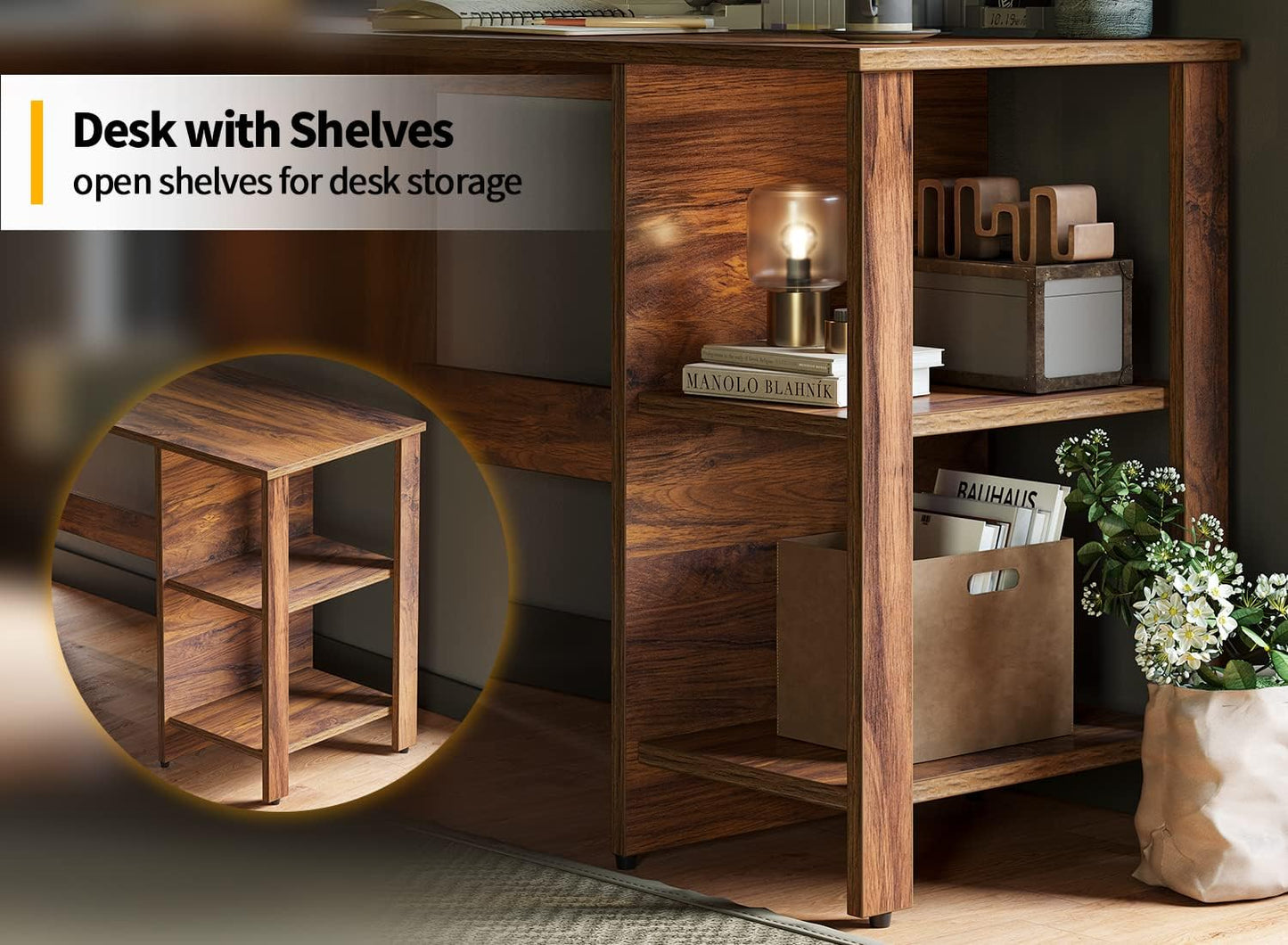 CubiCubi L Shaped Desk, Corner Computer Desk with Storage Shelves, Home Office Workstation for Study or Working, Deep Brown
