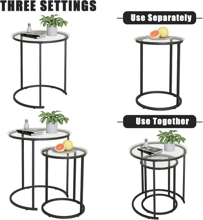 Azheruol Nesting Coffee Table Set of 2,Modern Black Tempered Glass Side Table, Metal Frame Round End Table.Small Glass Tea Table for Living Room,Bedroom Studio Apartment Essentials? 23.2In