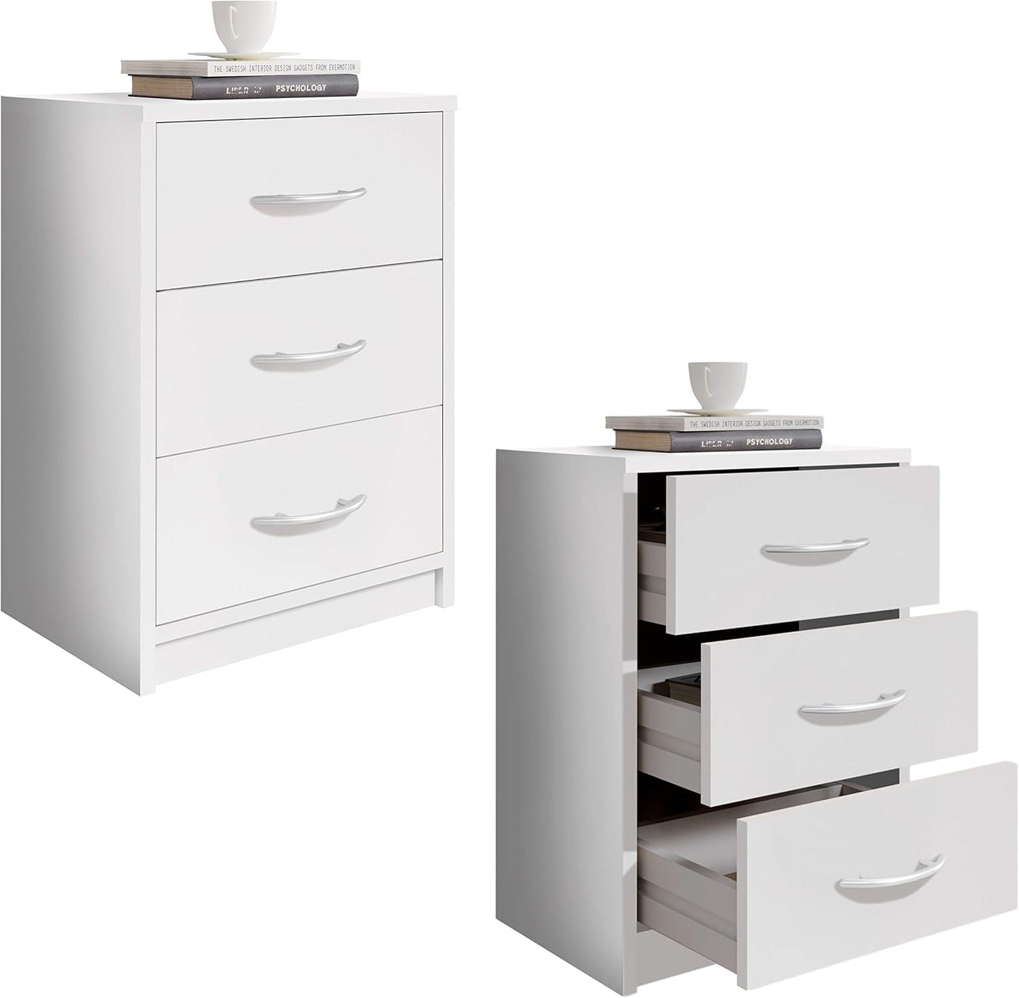 Stella Trading PEPE Bedside Table White - Simple Bedside Cabinet with Three Drawers Suitable for Any Bed & Bedroom - 39 x 54 x 28 cm (W x H x D)