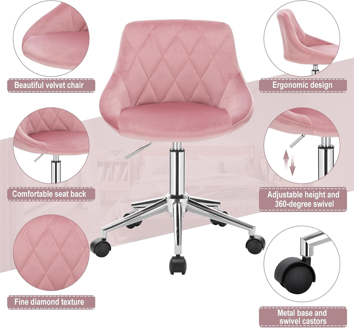 EUGAD 1 x 0033BGY Office Chair Swivel and Adjustable Velvet Office Chair with Wheels Pink