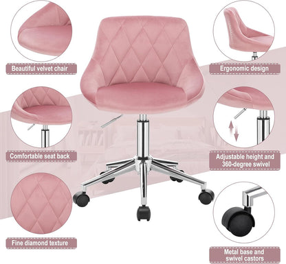 EUGAD 1 x 0033BGY Office Chair Swivel and Adjustable Velvet Office Chair with Wheels Pink