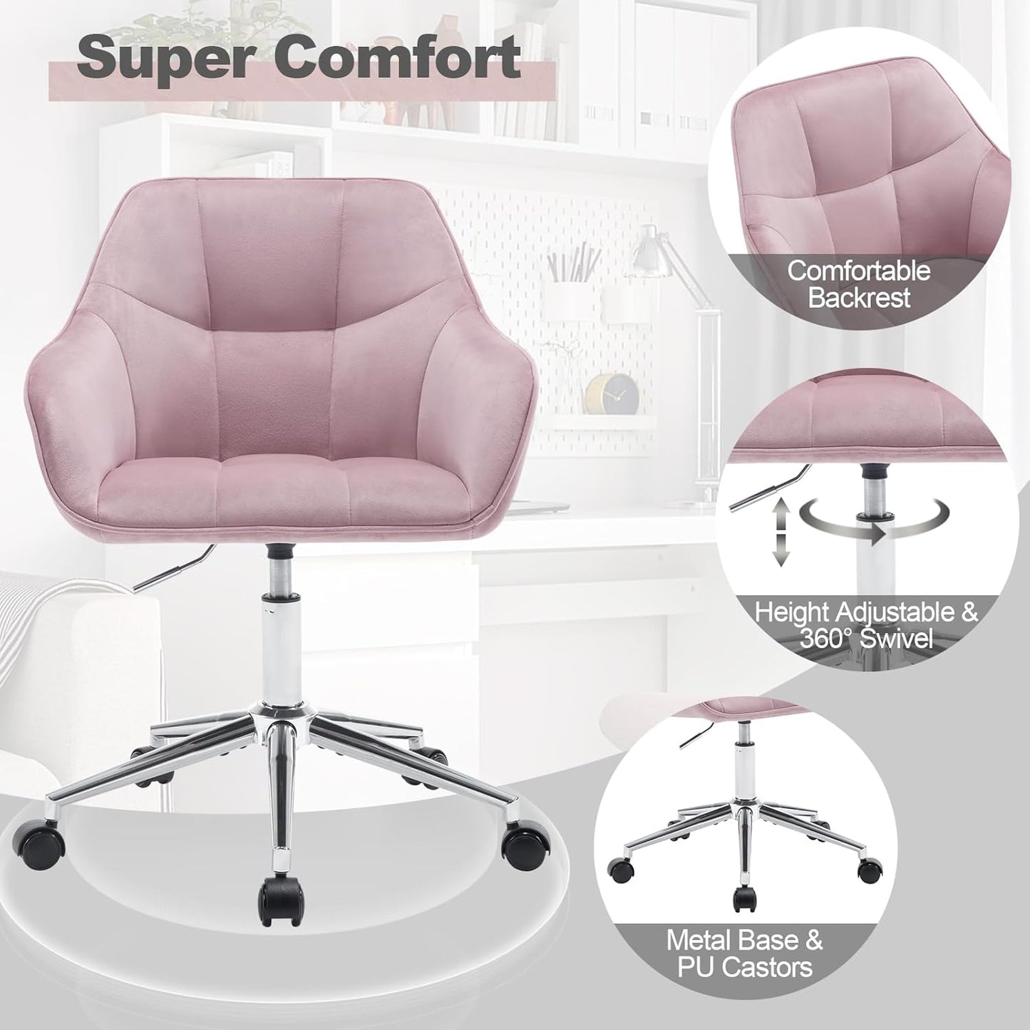WOLTU Modern Pink Velvet Office Chair, Swivel & Roll, Height Adjustable, Up to 150 kg, with Armrests, for Office, Living Room, Bedroom
