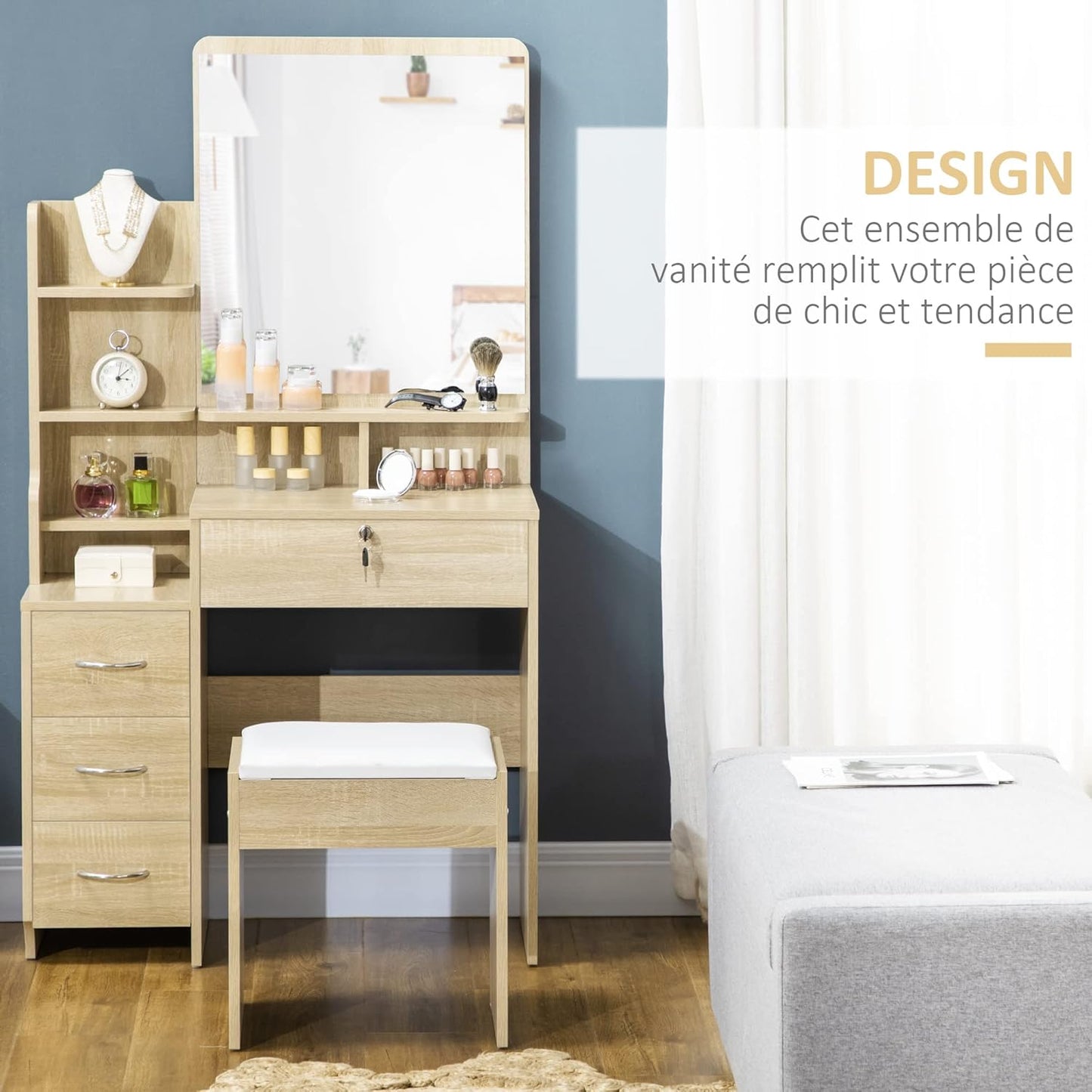 HOMCOM Dressing Table Makeup Table Set with Stool Padded Large Mirror + Multiple Open Shelves + 4 Drawers Natural Wood