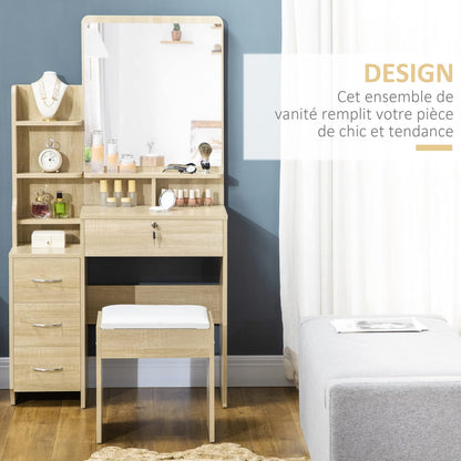 HOMCOM Dressing Table Makeup Table Set with Stool Padded Large Mirror + Multiple Open Shelves + 4 Drawers Natural Wood