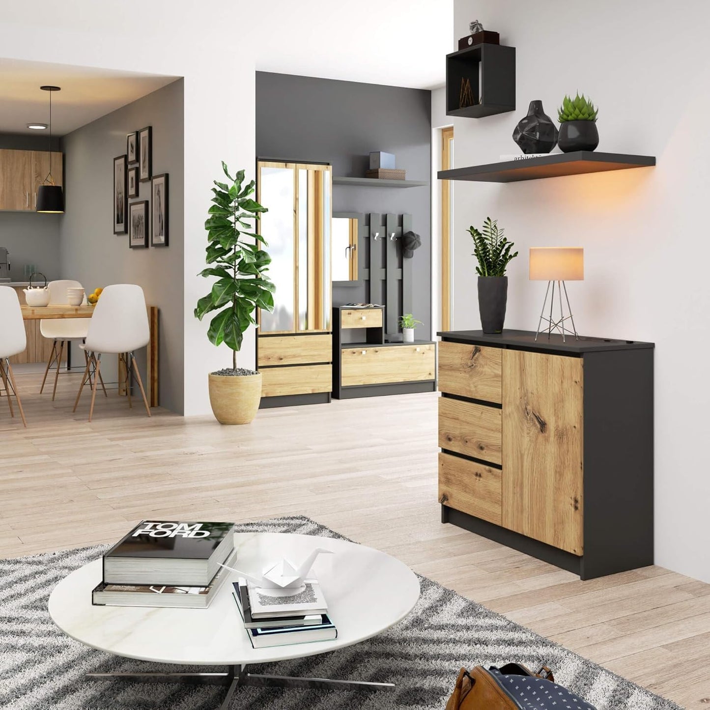 FurniFlex K-80 Chest of 3 Drawers Bedroom Wardrobe, 80 cm x 77 cm x 35 cm Size, Grey/Artisan Oak