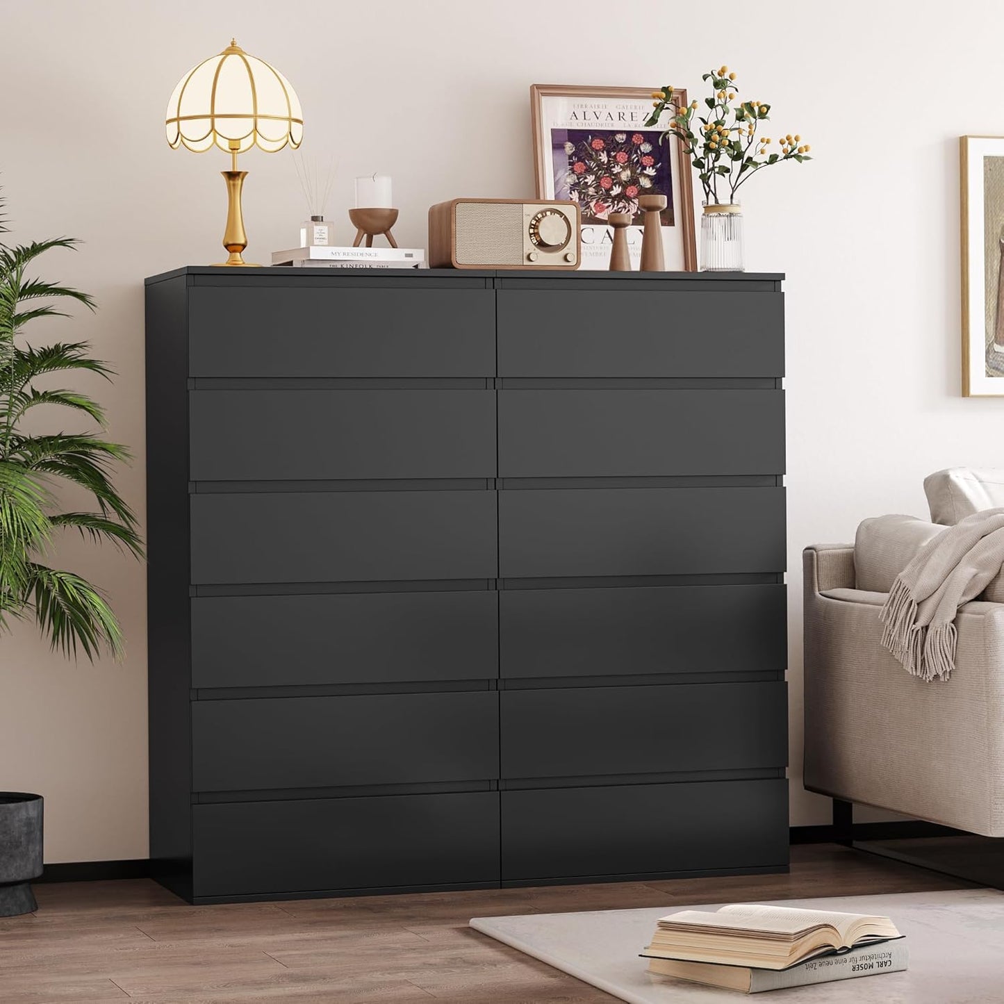 FOREHILL Chest of Drawers 119 cm High Black with 6 Drawers Sideboard Drawer Cabinet for Bedroom Hallway Living Room 60 x 40 x 119 cm