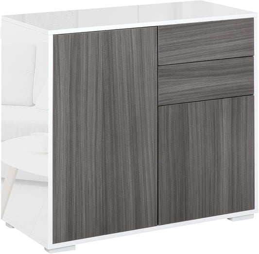 FurniFlex 2-Drawers High Gloss Sideboard Cabinet with Push-Open Design, Light Grey/White