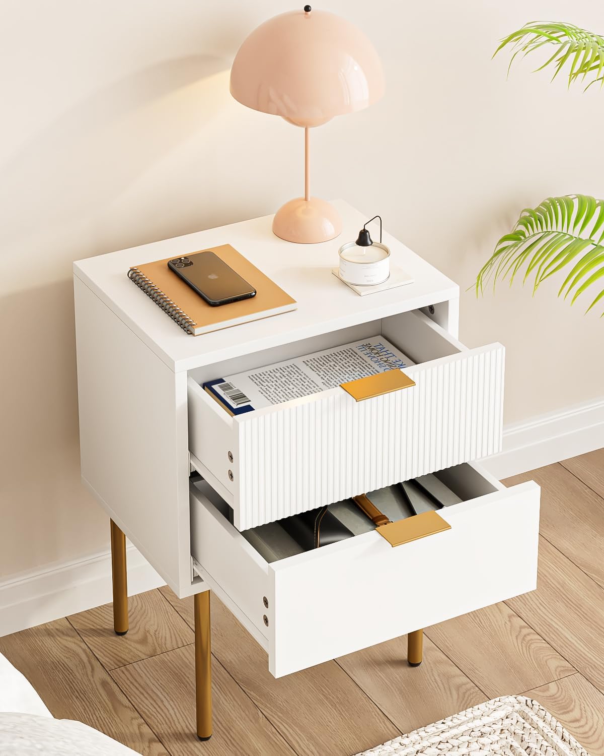 AEPOALUA Nightstand,Small Bedside Table with Gold Frame,White Night Stand,Bedside Furniture,Side Table with Drawer and Shelf for Bedroom,Living Room (Classic, White)