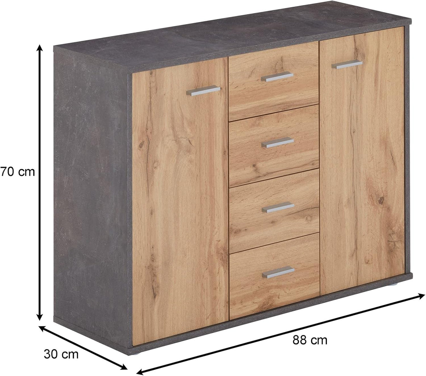 CARO-Möbel Jamie Sideboard with 2 Doors and 4 Drawers, Modern Chest of Drawers Office Furniture in Concrete Dark / Wotan Oak