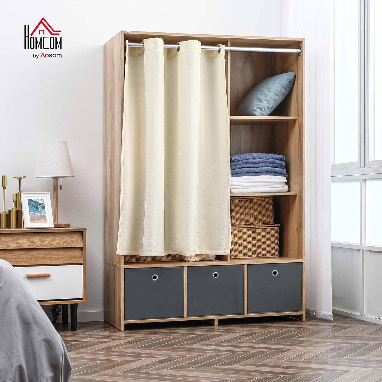 HOMCOM Wardrobe Storage with Rod Curtain 3 Removable Fabric Drawers 105 x 48 x 160 cm Natural