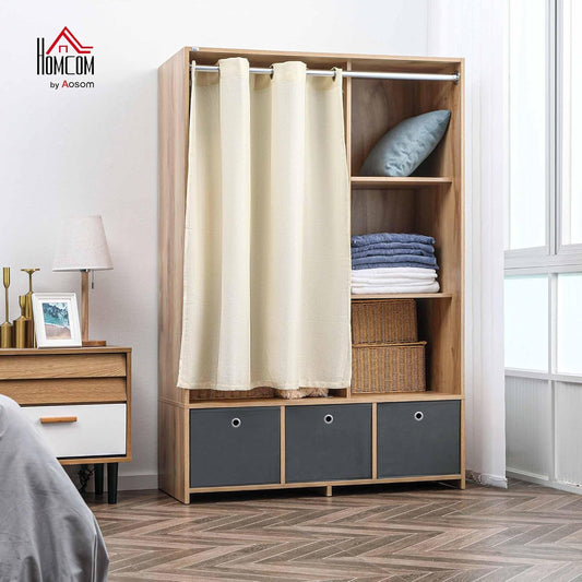 HOMCOM Wardrobe Storage with Rod Curtain 3 Removable Fabric Drawers 105 x 48 x 160 cm Natural