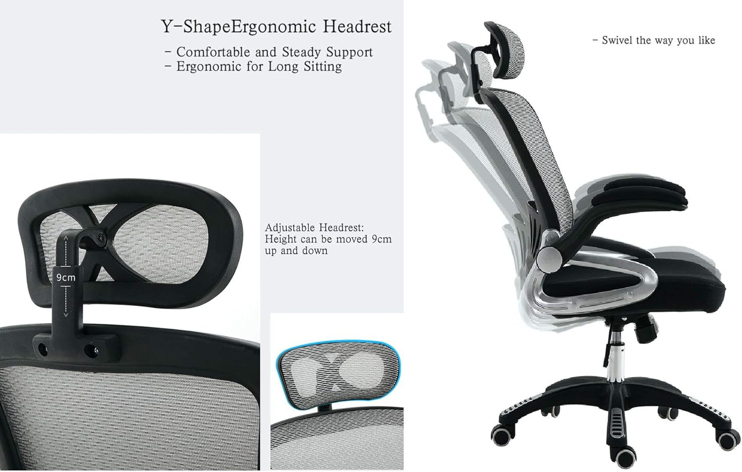 YALLA OFFICE Ergonomic Office Chair Ergonomic Mesh with Wheels, Lumbar Back Support, Adjustable Headrest with Flip-up Armrest (Grey(Nylon Base)), 901-GRY-NFR