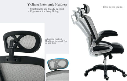 YALLA OFFICE Ergonomic Office Chair Ergonomic Mesh with Wheels, Lumbar Back Support, Adjustable Headrest with Flip-up Armrest (Grey(Nylon Base)), 901-GRY-NFR