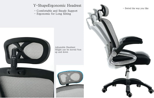 YALLA OFFICE Ergonomic Office Chair Ergonomic Mesh with Wheels, Lumbar Back Support, Adjustable Headrest with Flip-up Armrest (Grey(Nylon Base)), 901-GRY-NFR