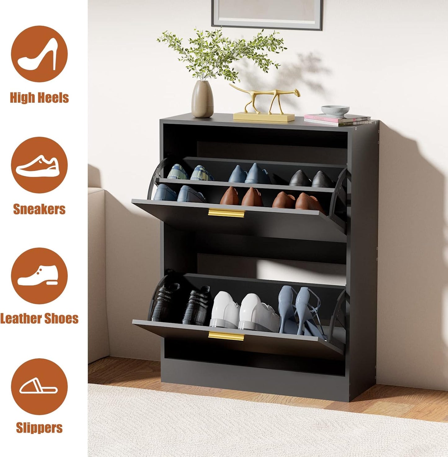 JOZZBY Shoe Cabinet for Entryway, Black Slim Shoe Cabinet with 2 Flip Drawers Narrow Shoe Storage Cabinet 2 Tier Freestanding Shoe Organizer for Entryway, Hallway, Living Room