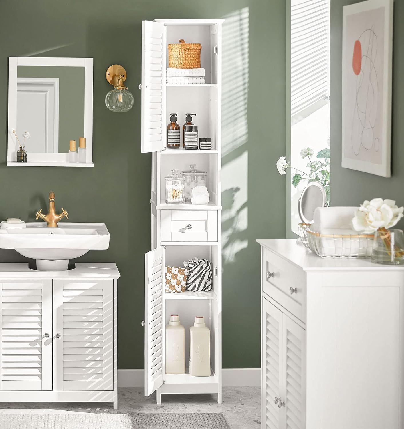 SoBuy FRG236-W,Tall Bathroom Cabinet,Storage Unit with 2 Shutter Doors and 1 Drawer, H170cm