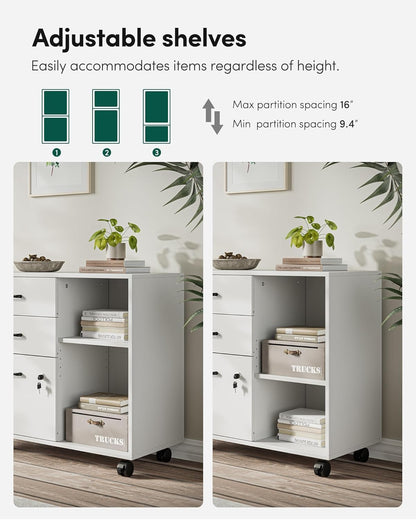 FurniFlex 3-Drawer Mobile File Cabinet with Lock, White
