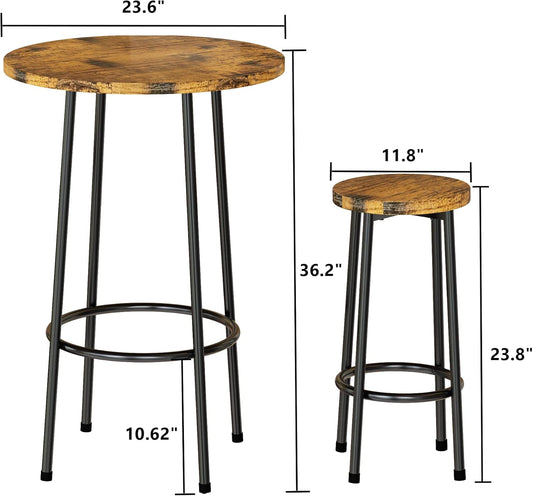 AWQM 3 Piece Bar Table Set, Small Round Pub Table Set for 2, Counter Height 3 Piece Dining Set for Breakfast Nook, Bistro, Dining Room, Kitchen - Rustic Brown