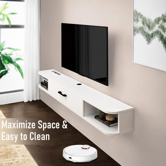 Bixiaomei Floating TV Unit, 47'' Wall Mounted TV Cabinet, Floating Shelves with Door, Modern Entertainment Media Console Center Large Storage TV Bench for Living Room & Office (47.24IN, White)