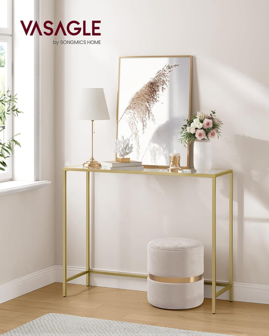 VASAGLE Console Table, Tempered Glass Table, Modern Sofa or Entryway Table, Metal Frame, Sturdy, Adjustable Feet, for Living Room, Hallway, Golden LGT26G