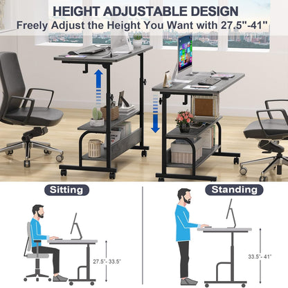 Height Adjustable Standing Desk with Power Outlets, 32" Manual Stand Up Desk with Storage Shelves Small Mobile Rolling Computer Desk Portable Laptop Table with Wheels for Home Office