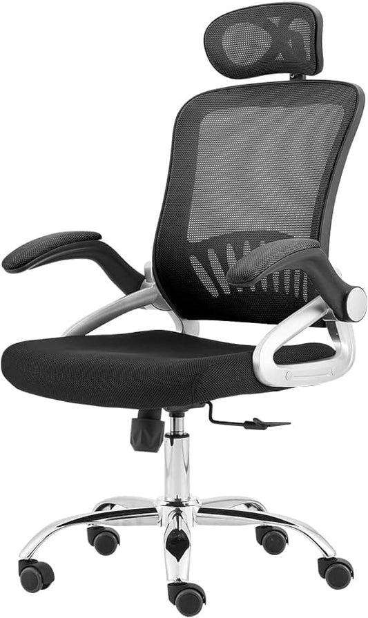 Al Amal Mesh Office Chair High Back Folding Armrest Adjustable Headrest Lumbar Support (Black) - Silver Hand Rest