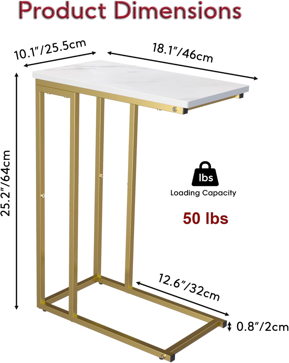 Yusong C Shaped End Table, Couch Side Table That Slide Under Sofa Bed, Small Table for Small Spaces, Skinny Overbed Table, Coffee Drink Laptop Snack Table for Living Room, Gold and Marble White