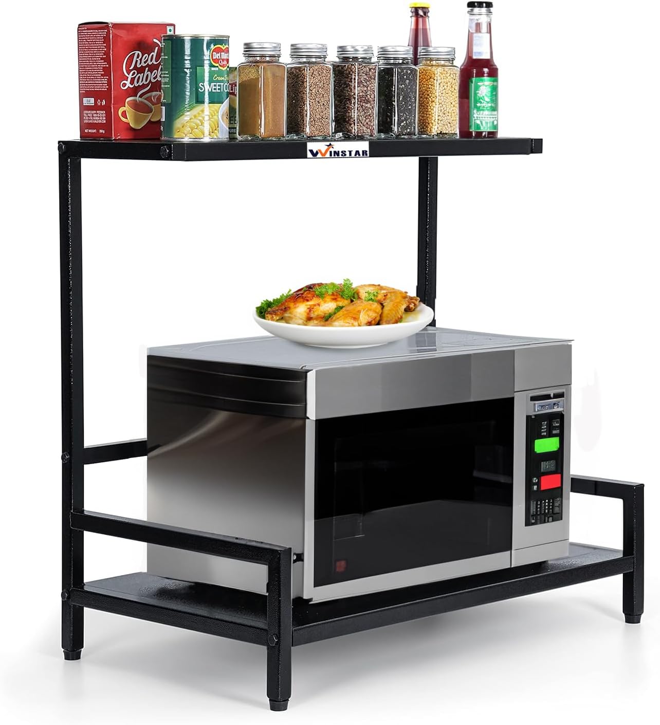 WINSTAR Metal Microwave Stand | Microwave & OTG Rack for Kitchen Counter | Double Platform for Extra Storage | Kitchen Oven Rack | Black (No Wheels, L-Shape)